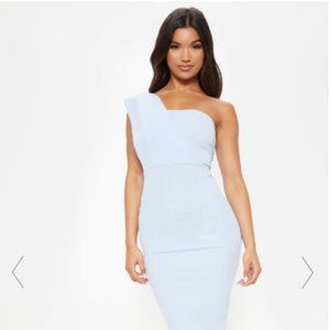 DUSTY BLUE ONE SHOULDER DRAPE MIDI DRESS